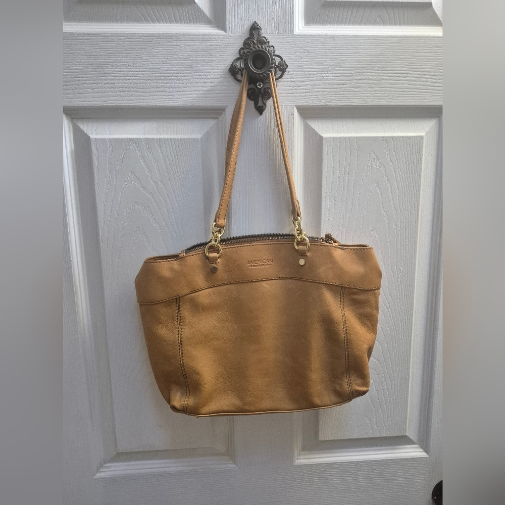 American Leather Tan Shoulder Tote with Gold Hardware